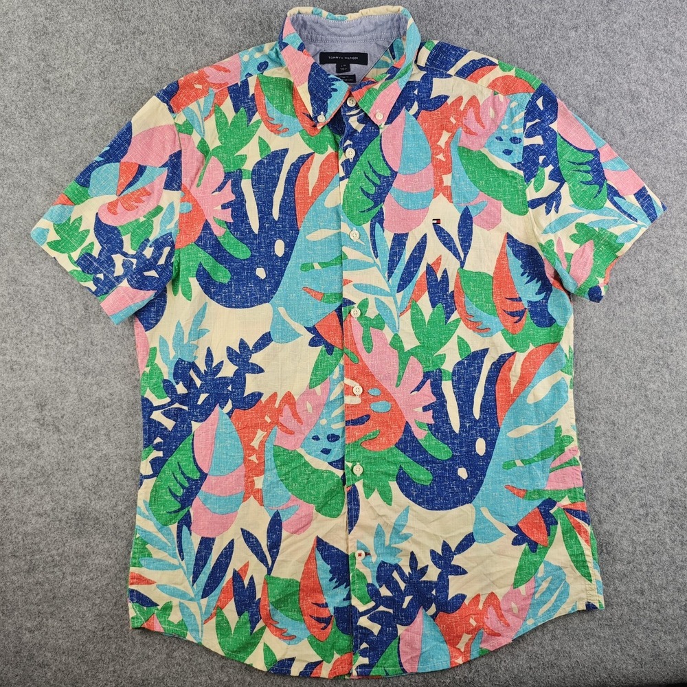Tommy Hilfiger Shirt Mens Large Custom Fit Hawaiian Tropical Floral Short Sleeve